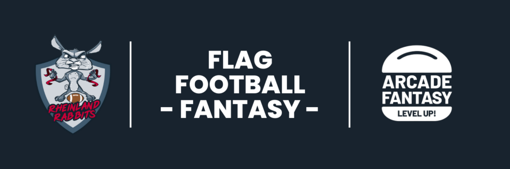 Das Bild zeigt das Logo der Rheinland Rabbits, daneben den Text "Flag Football Fantasy" und daneben das Logo des Fantasyanbieters Arcade Fantasy.