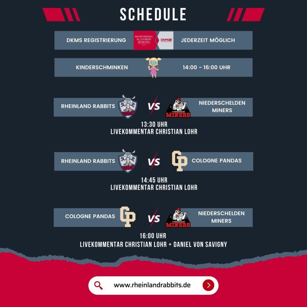 Das Bild zeigt den Schedule des Gameday mit den Punkten: DKMS Registrierung, Kinderschminken von 14-16 Uhr und den drei Flag Football Spielen von 13-17 Uhr.